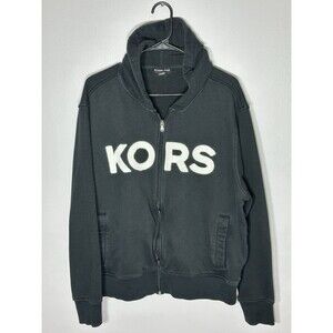 Michael KORS Mens Zip Up Jacket Black XL Outerwear Spellout Hoodie Fuzzy Letters